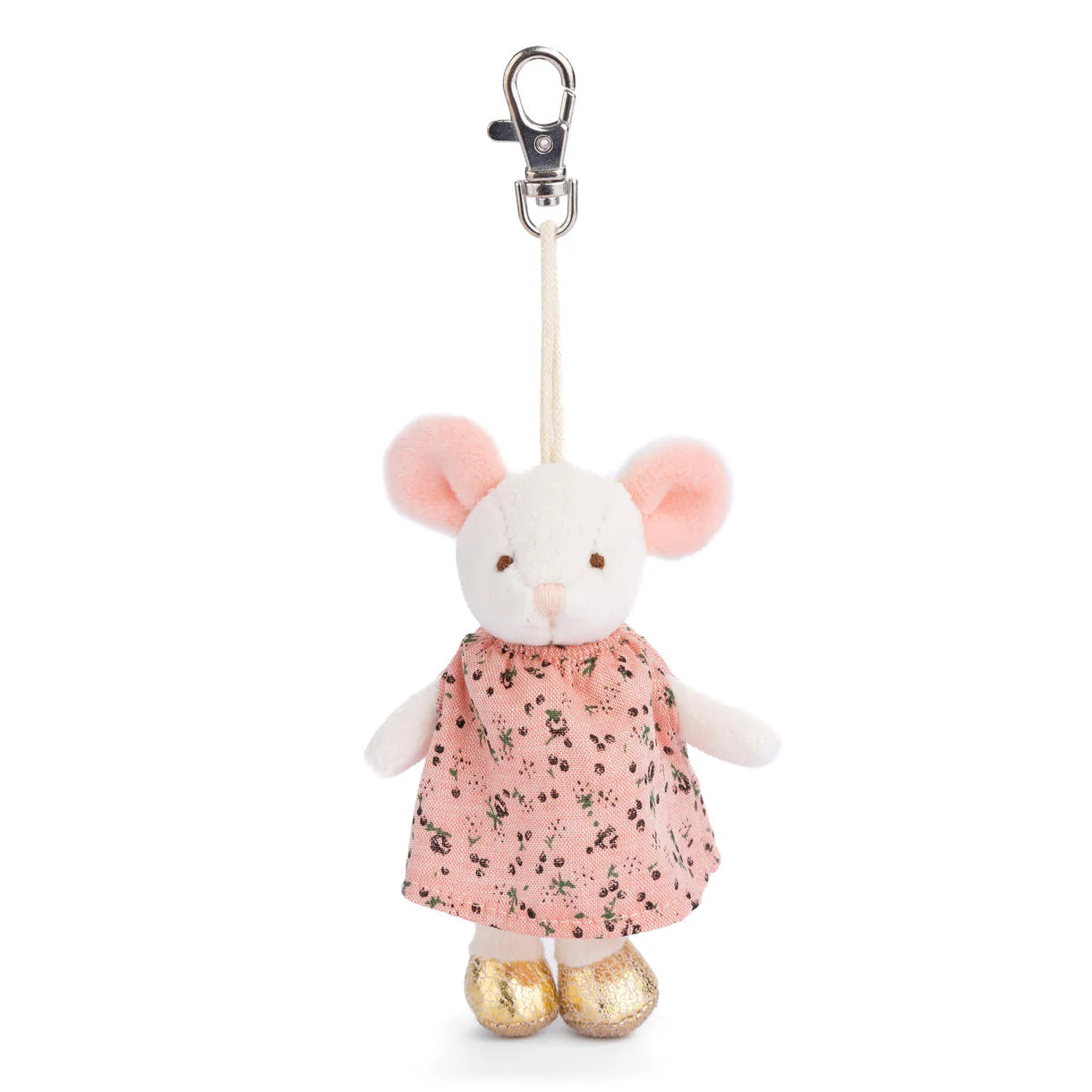Plush mouse bag charm with a pink dress and gold shoes on a white background