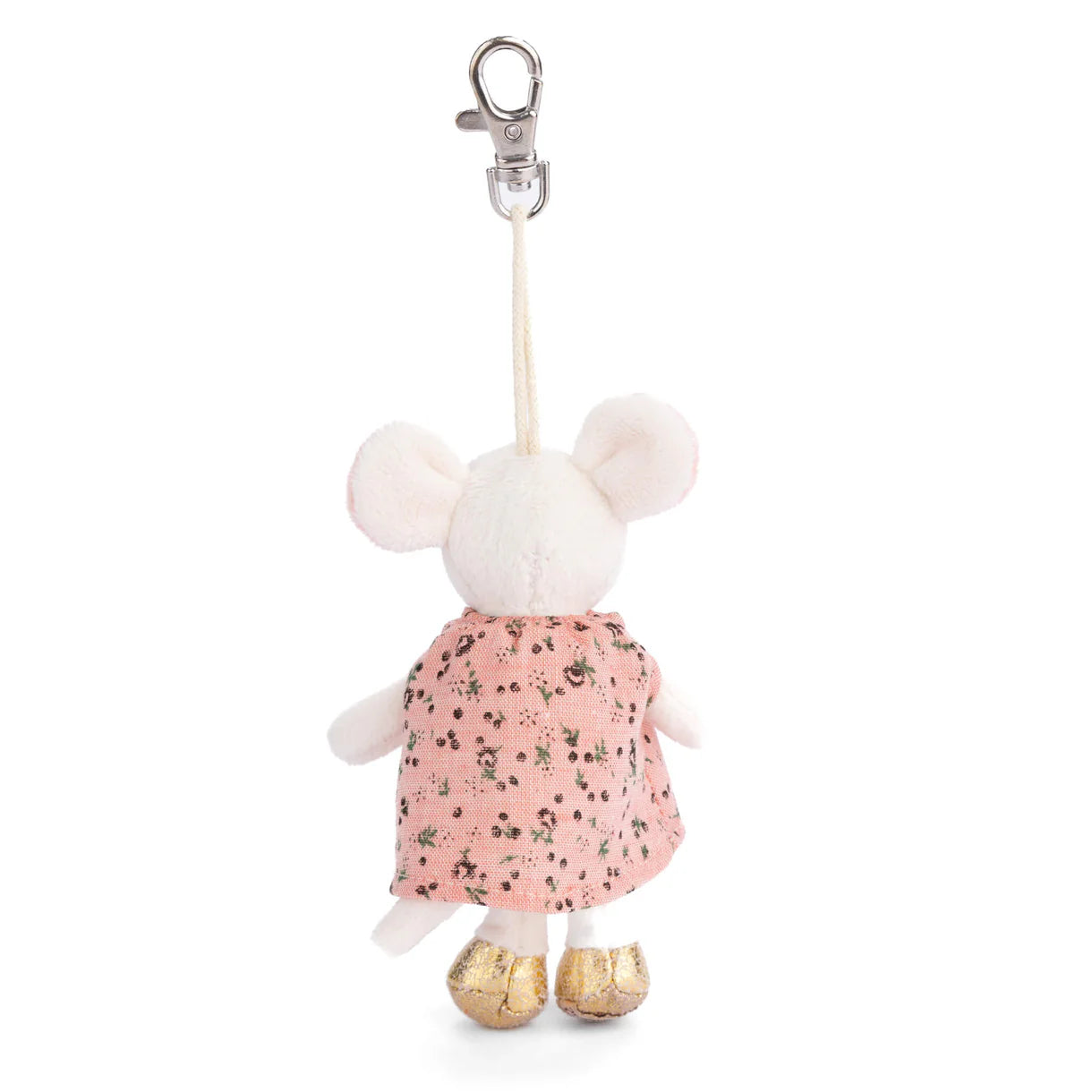 Plush mouse bag charm with a pink floral dress on a white background