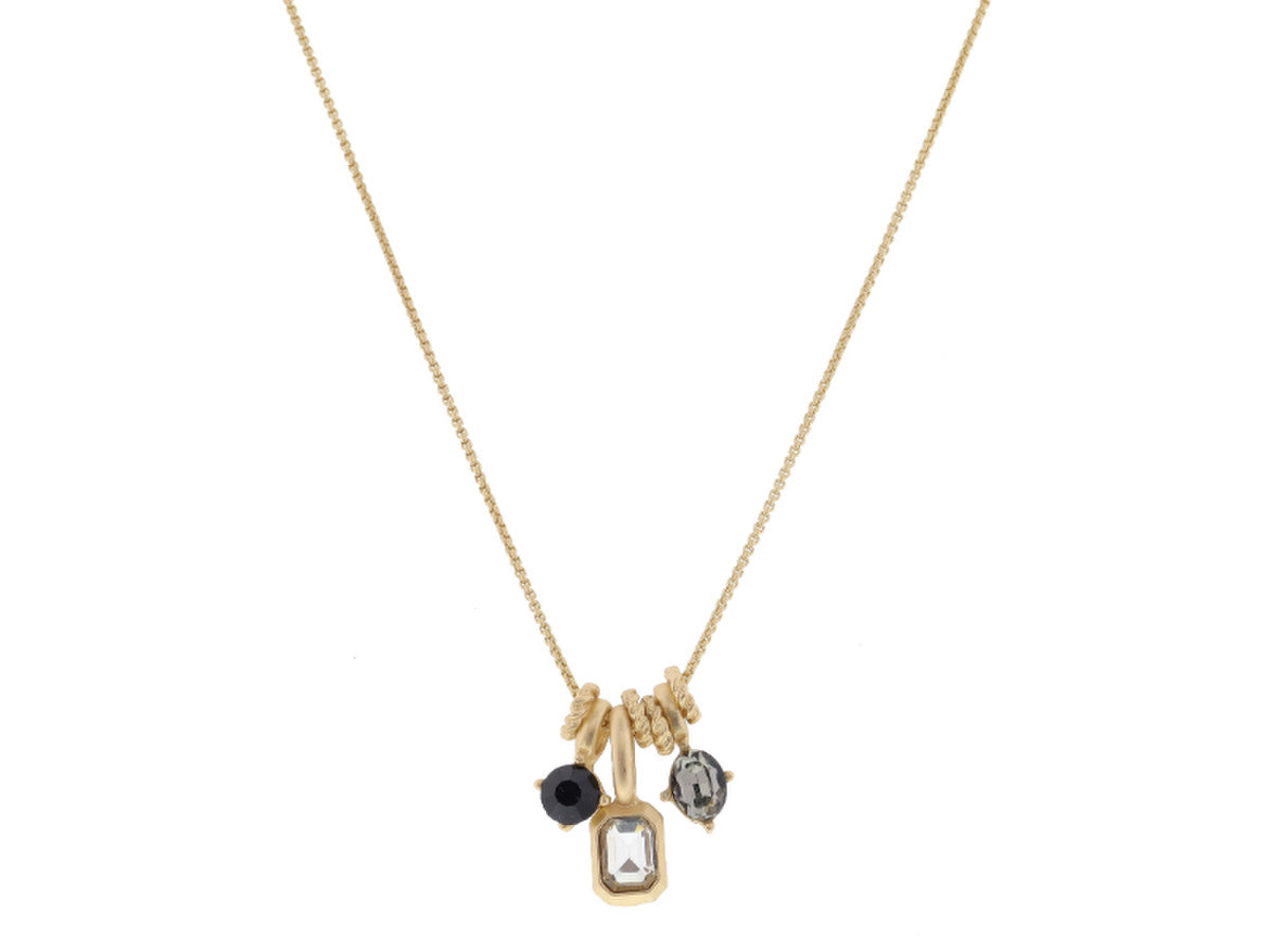gold chain with 3 crystal pendants on a white background.