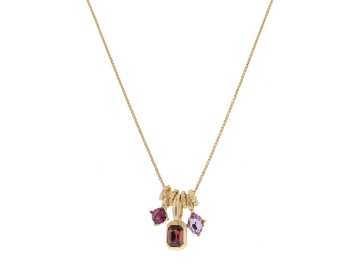 gold chain with 3 colorful crystal pendants on a white background.