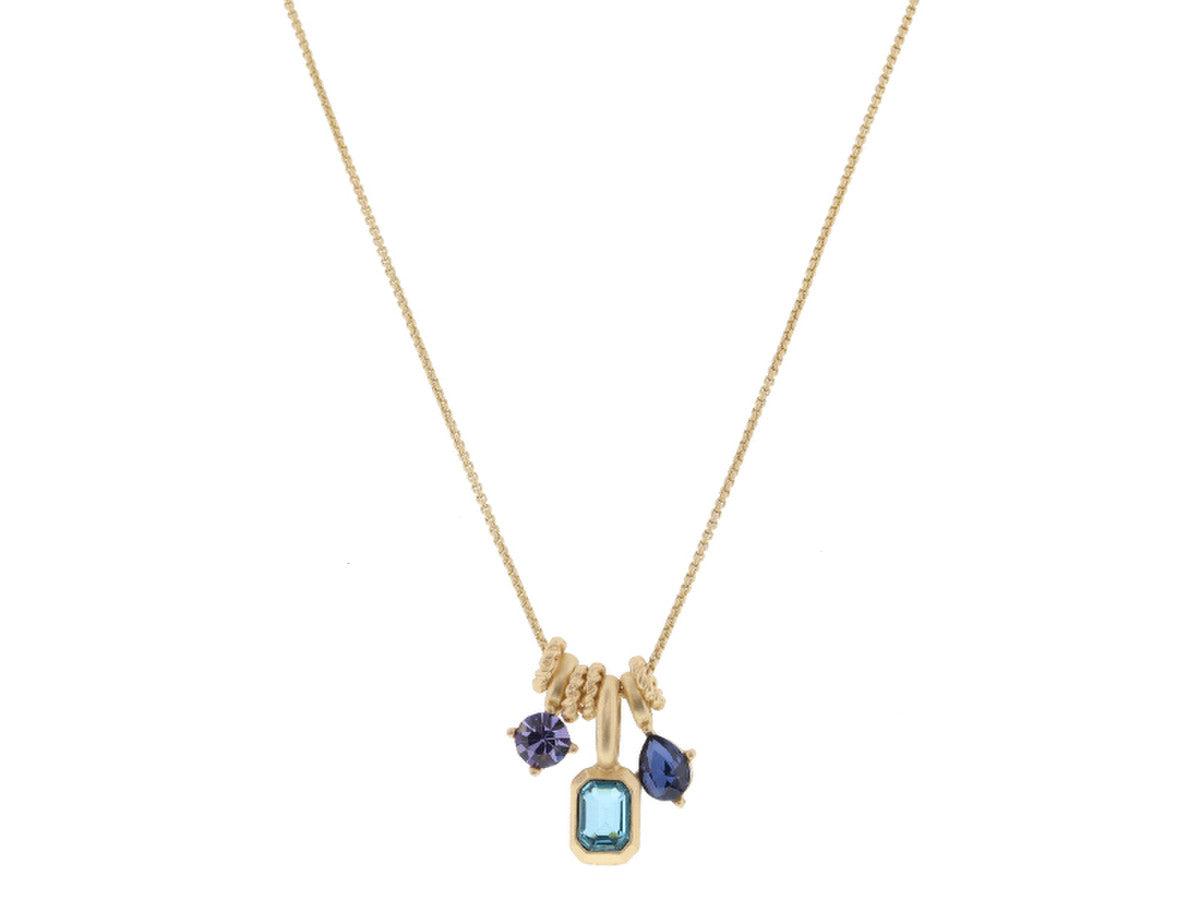 gold chain with 3 blue crystal pendants on a white background.