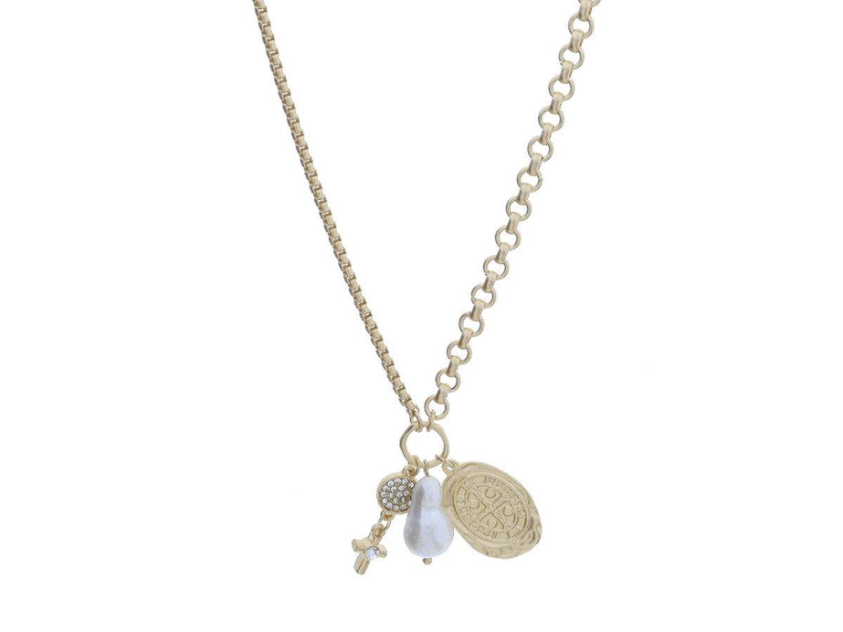 matte gold necklace with asymmetrical chain and pendant cluster on a white background.