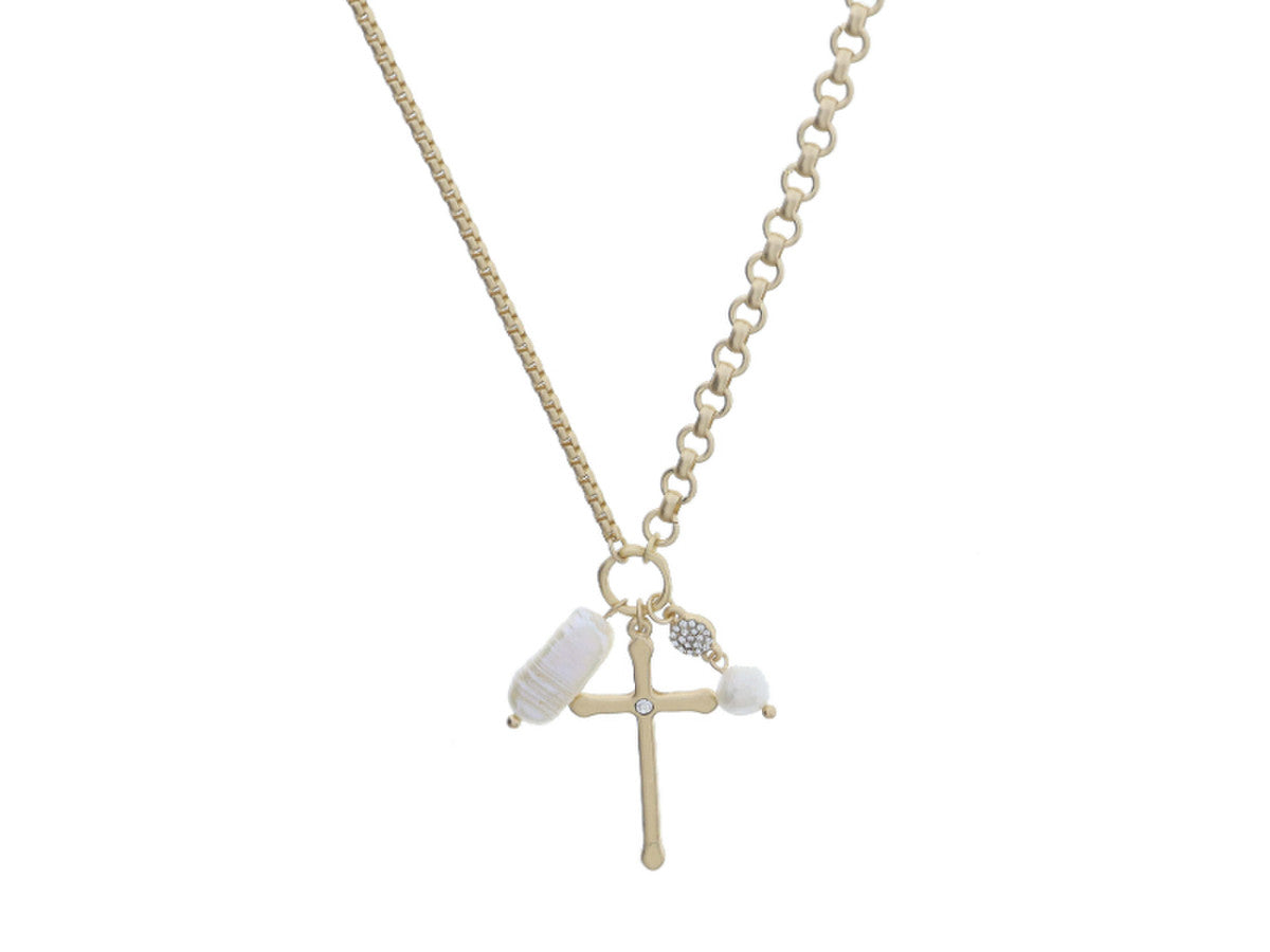 matte gold necklace with asymmetrical chain and pendant cluster on a white background.
