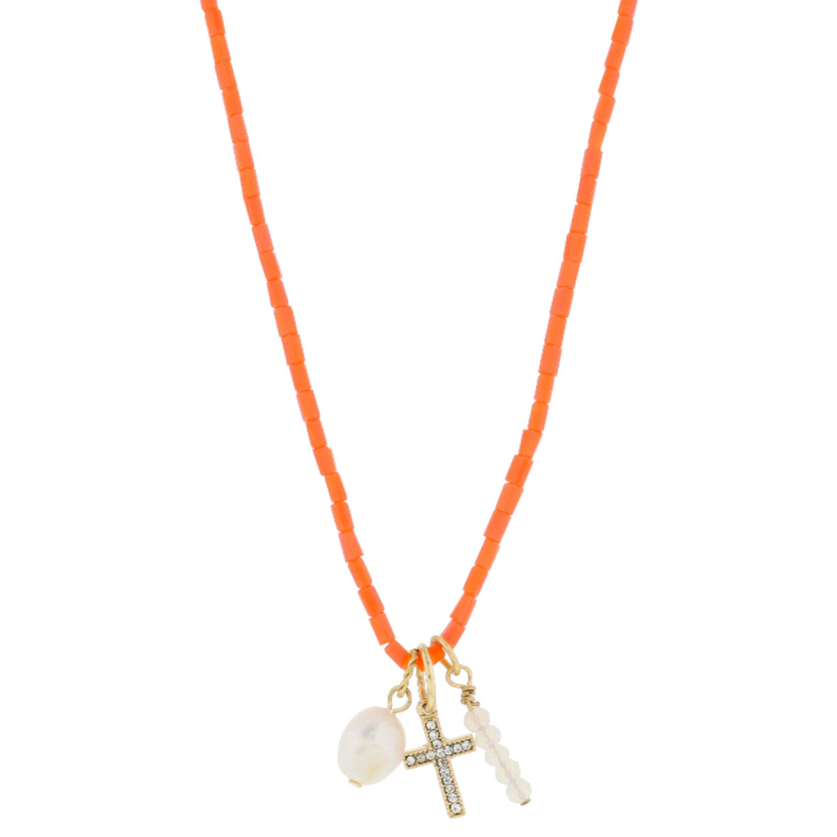 orange beaded necklace with 3 charms hanging on it.