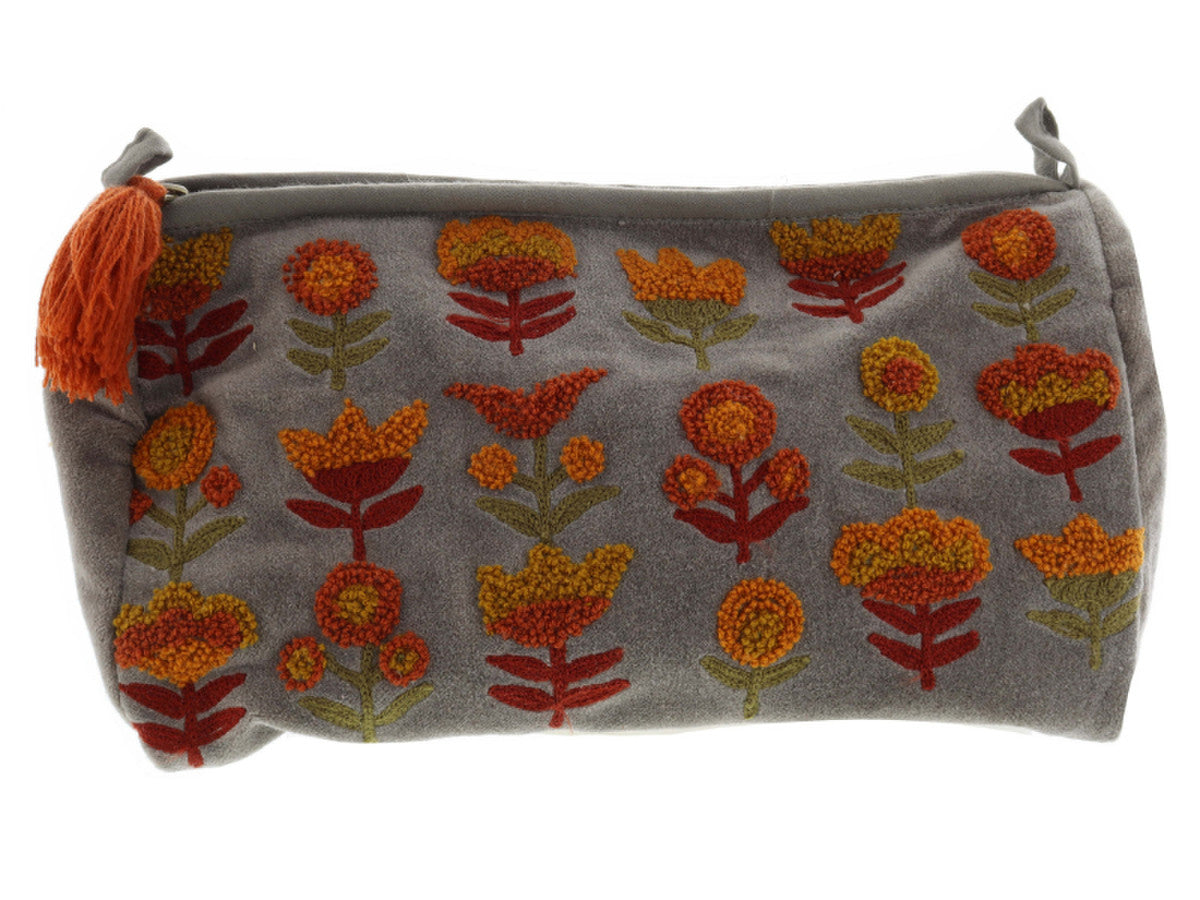 taupe zipper bag with floral embroidery on a white background.