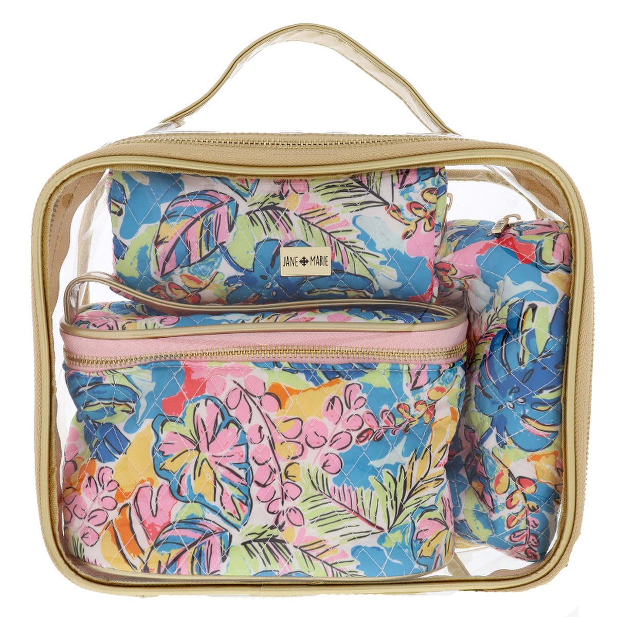 clear zipper bag with 3 smaller bags inside shown on a white background