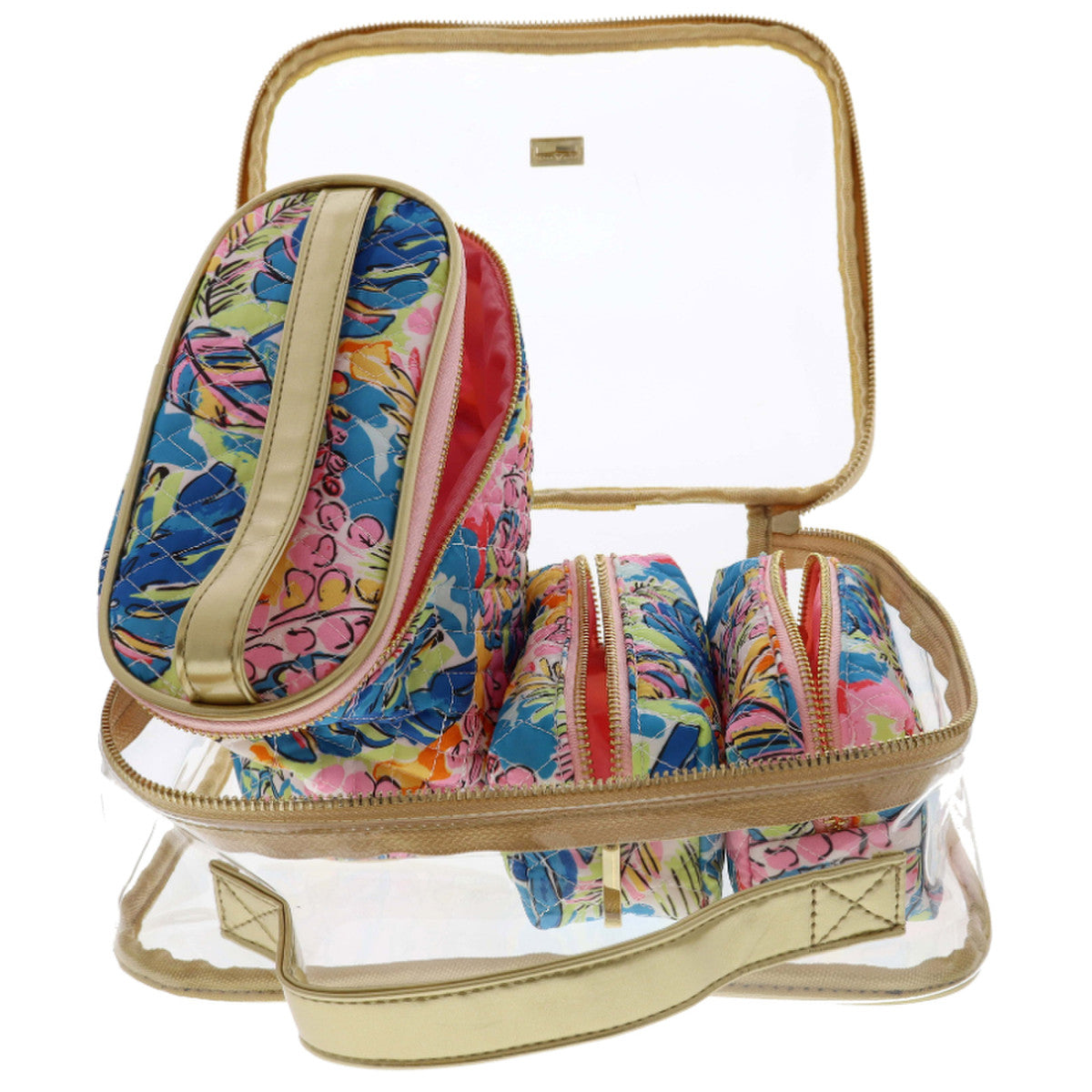clear zipper bag unzipped and open showing 3 smaller bags inside