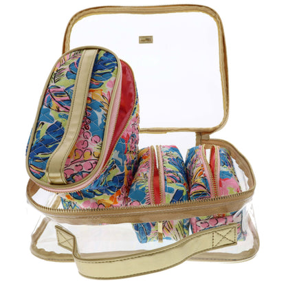 clear zipper bag unzipped and open showing 3 smaller bags inside