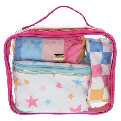 clear zipper bag with 3 smaller bags inside shown on a white background