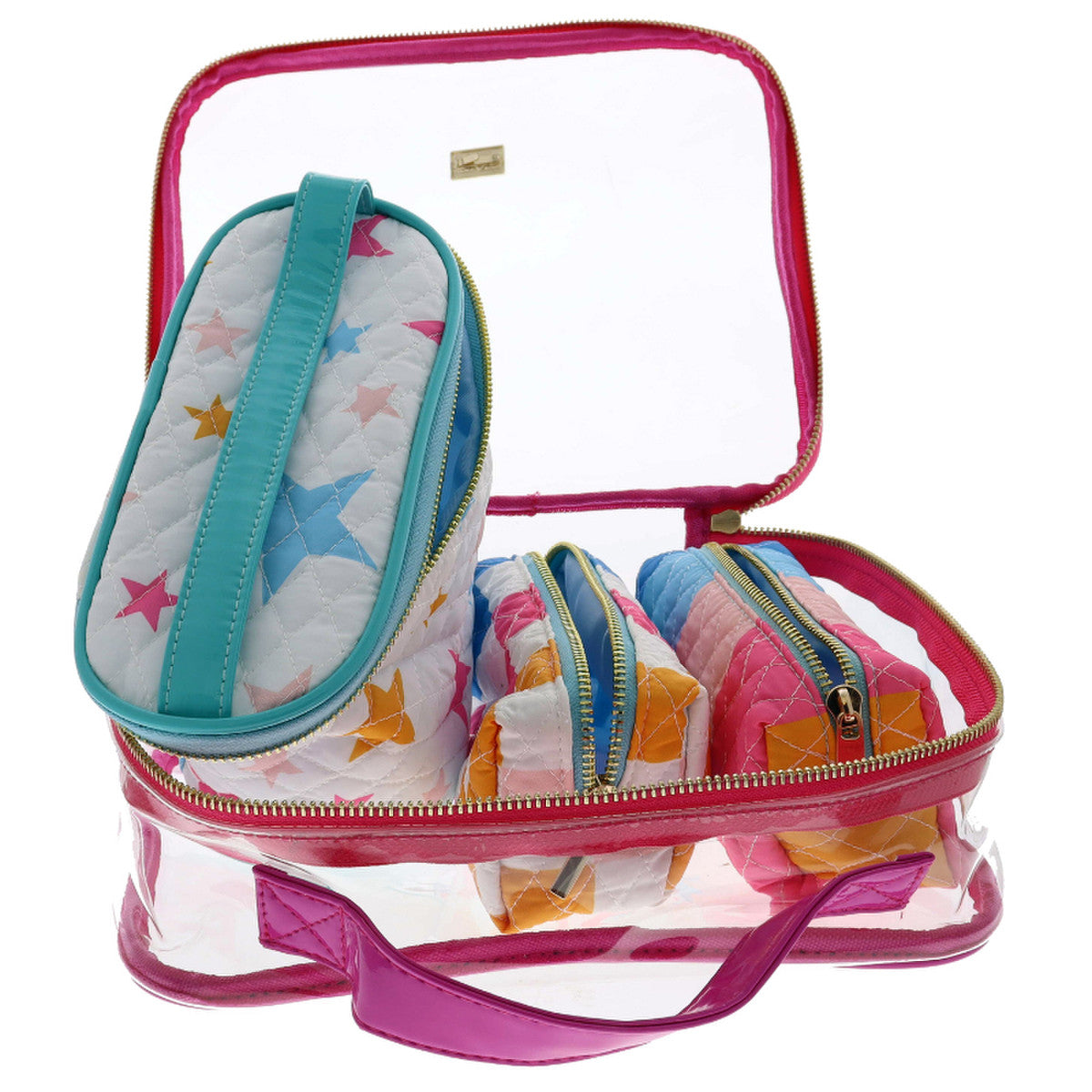 clear zipper bag upzipped and open with 3 smaller bags inside shown on a white background