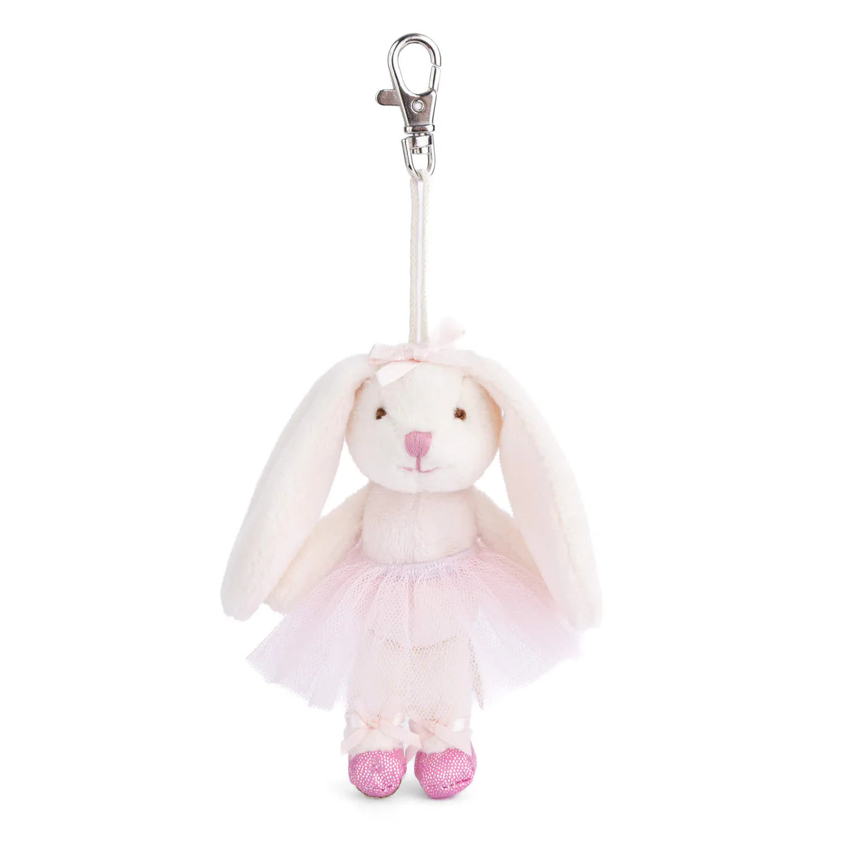white bunny plush bag charm wearing light pink tutu