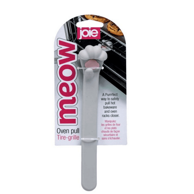 Packaging for Joie Meow Oven Rack Pull, featuring the product with a light grey handle and cat paw design