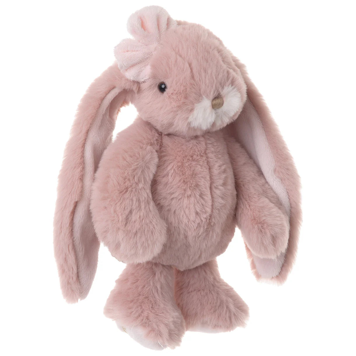 Pink plush bunny toy with a pink bow on one ear on a white background
