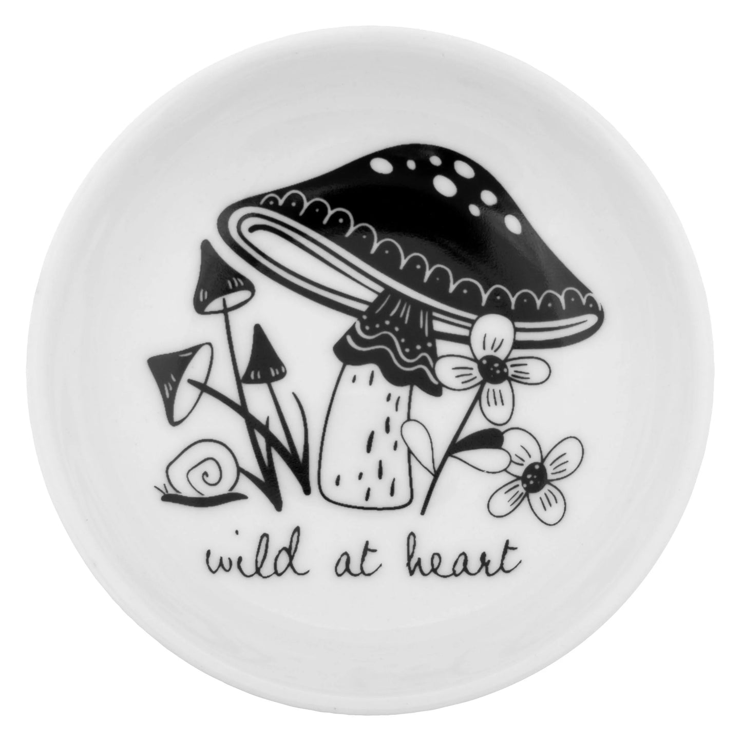 small dish with black and white mushroom design.