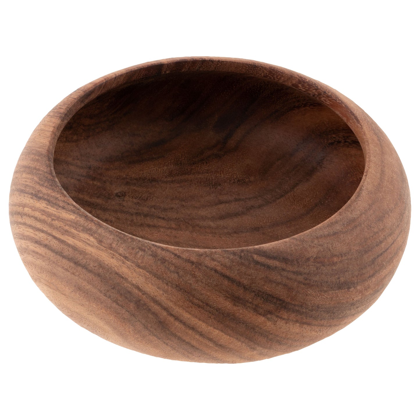 small round wooden bowl on a white background.