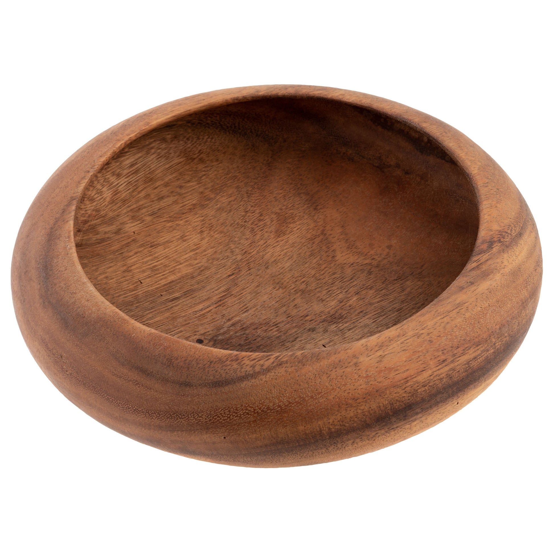 large round wooden bowl on a white background.