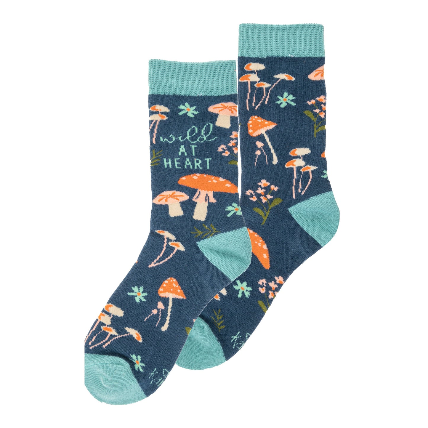 teal socks with mushroom pattern and "wild at heart" on it.
