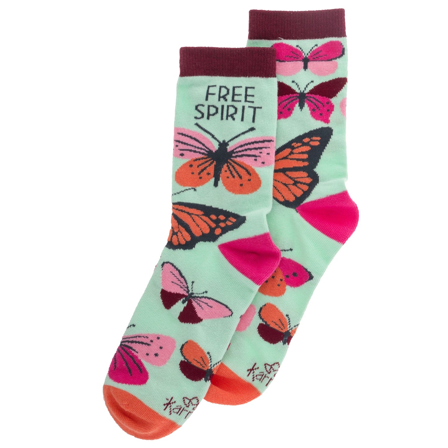 light green socks with pink and orange butterflies on them