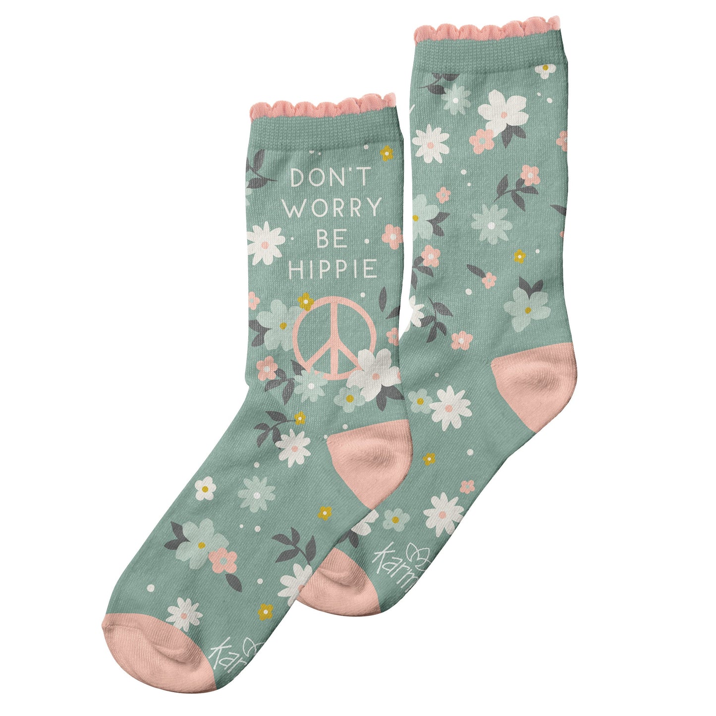 light green socks with floral patter, peace sign, and "don't worry be hippy" on them.