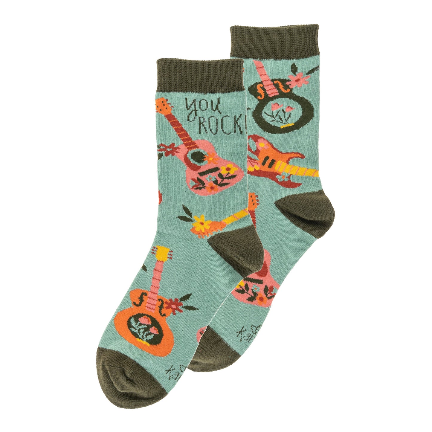 green socks with guitar pattern and "you rock" on them.