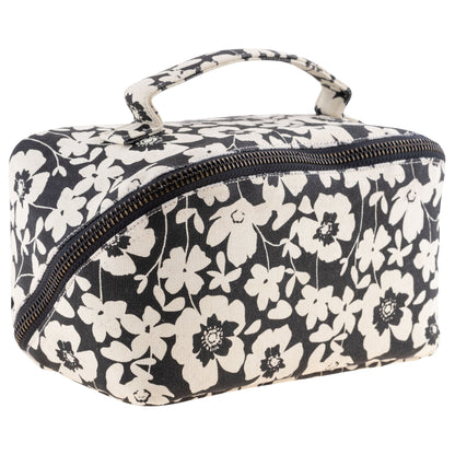 black and white floral zip bag on a white background.