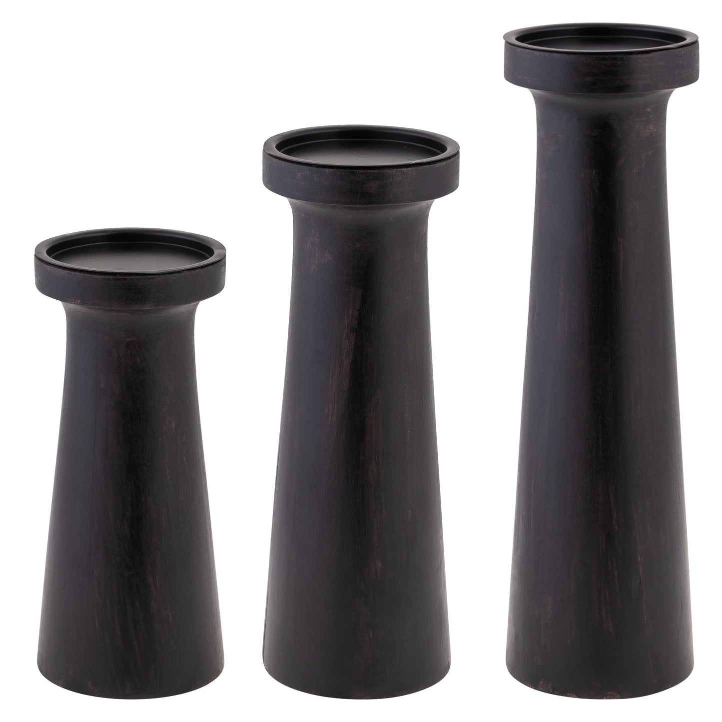 3 sizes of black candle holders on a white background.