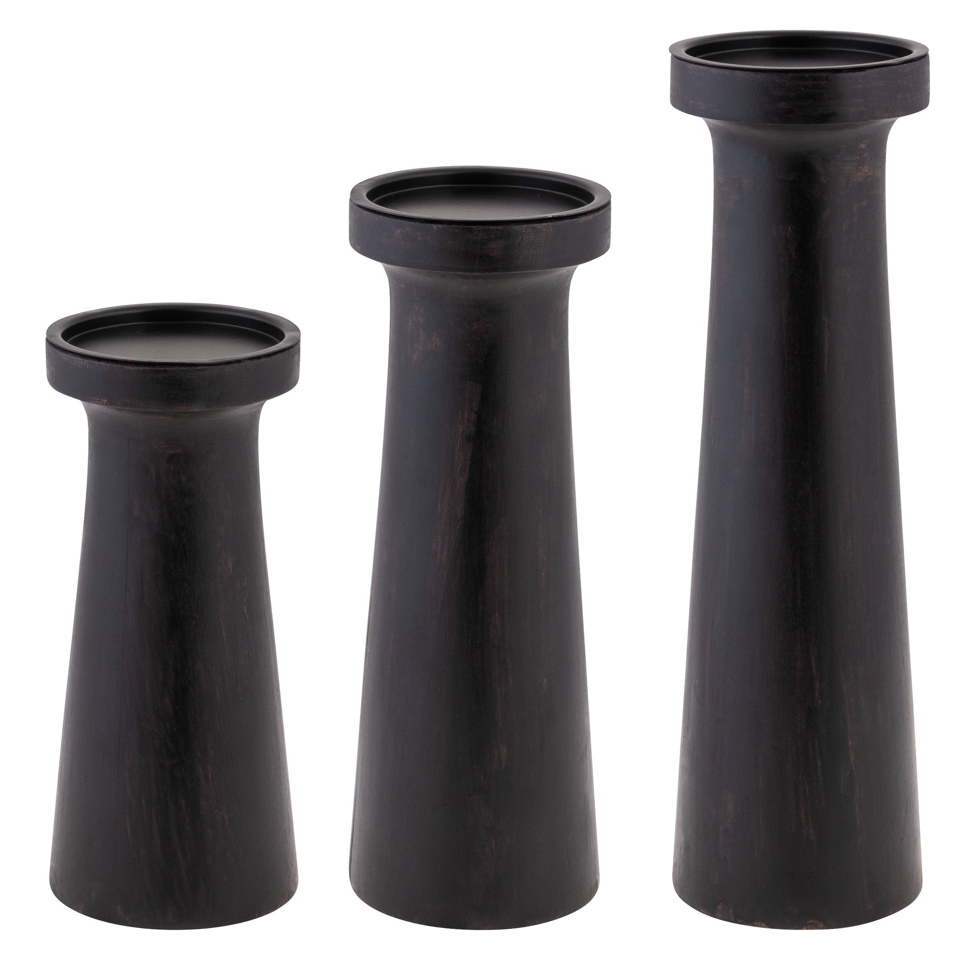 3 sizes of black candle holders on a white background.