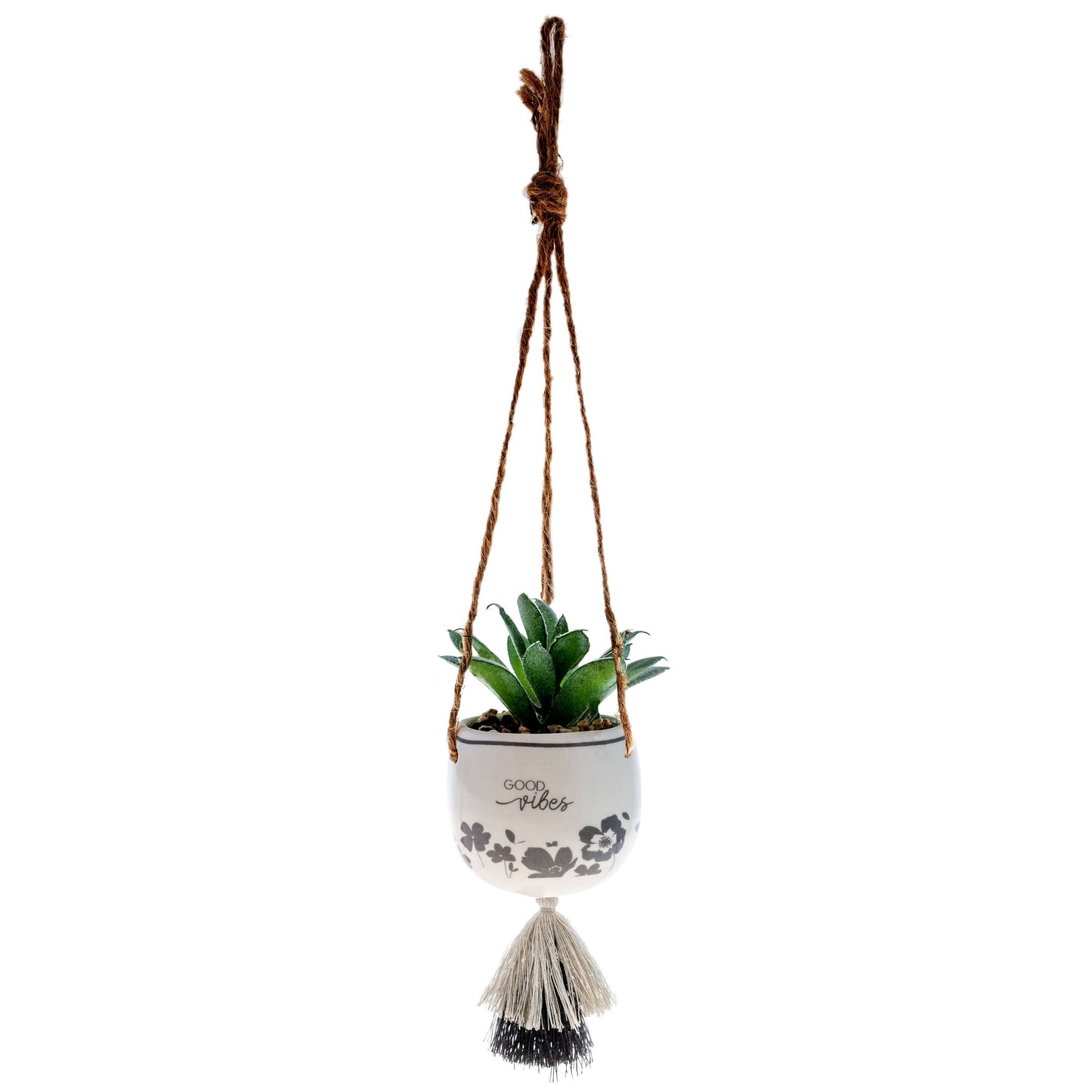 small ceramic pot with a succulent in it hanging form jute twine with a tassel on the bottom with "good vibes" printed on it.