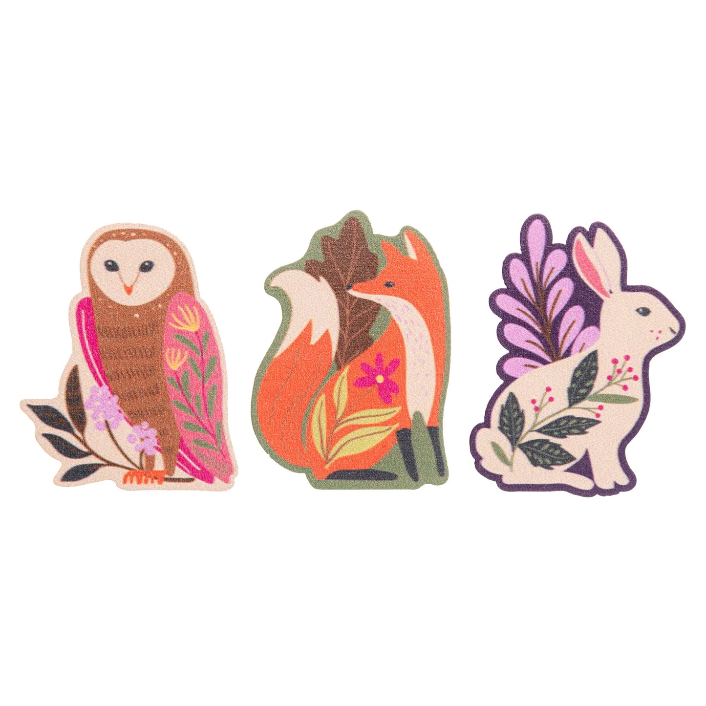 owl, fox, and rabbit wooden clips arranged on a white background.