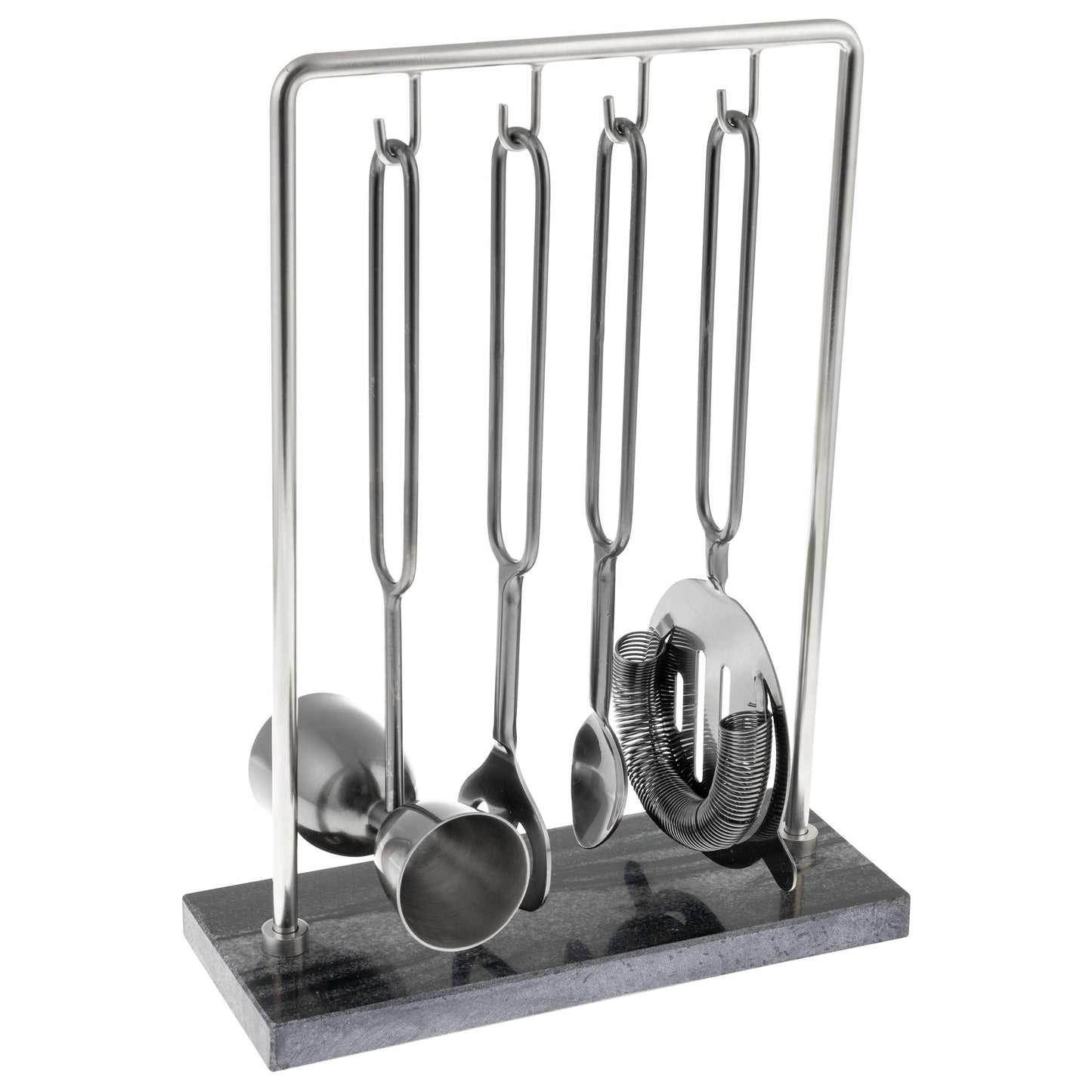 stainless stell bar tools hanging on a frame with a grey marble base.