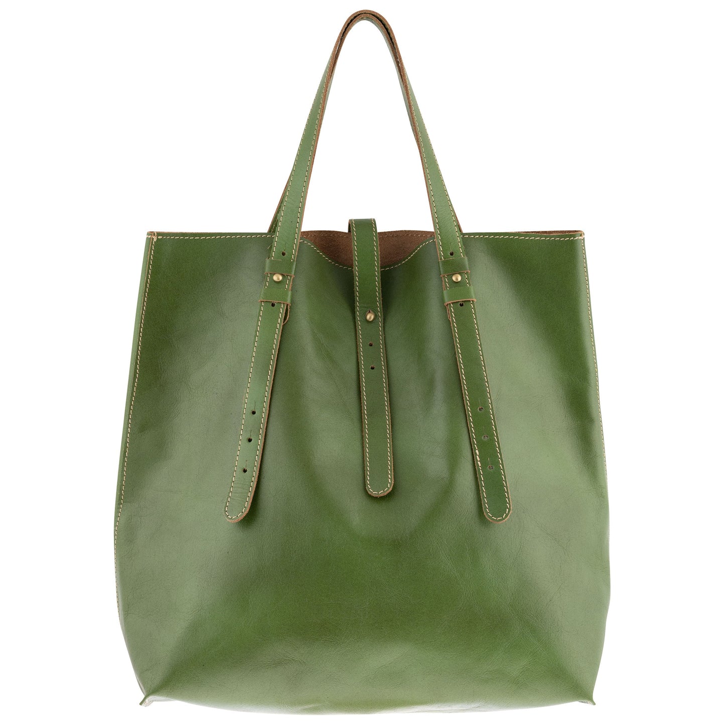 green leather tote on a white background.