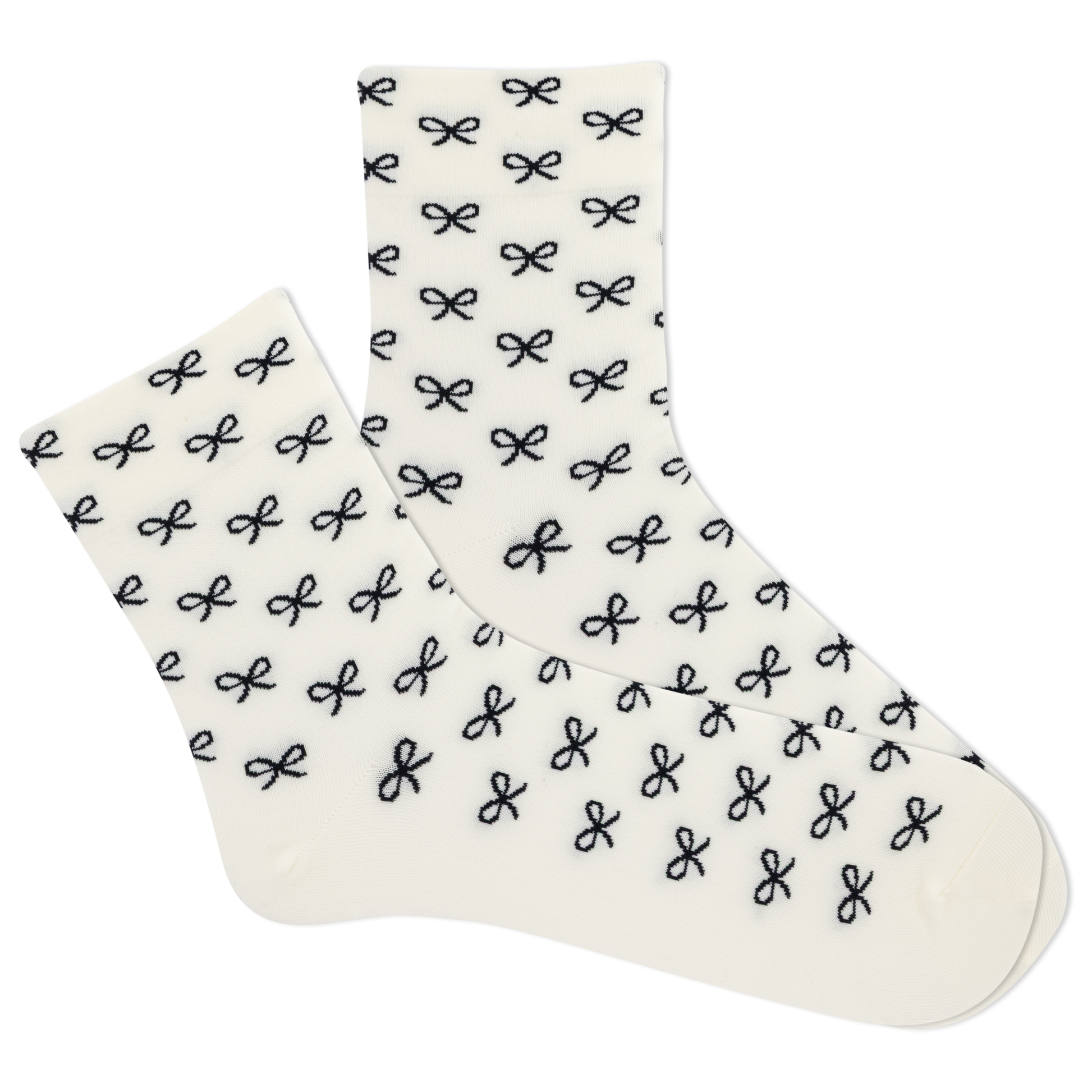 White socks with black bow pattern on a white background