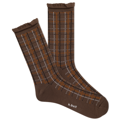 Pair of brown plaid socks on a white background
