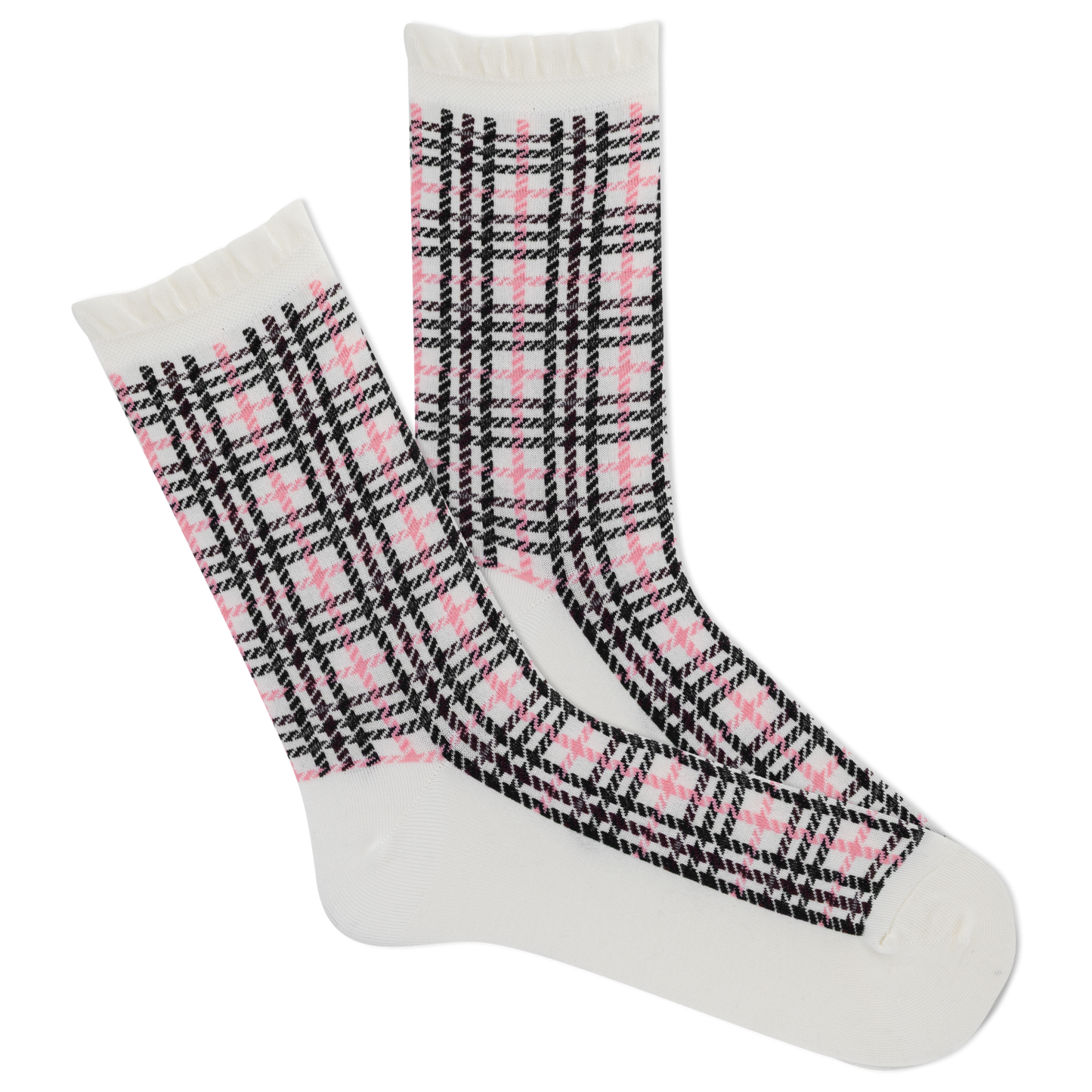 Plaid patterned socks with pink and black design on a white background