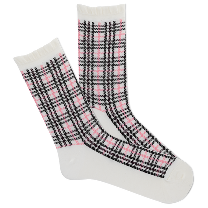 Plaid patterned socks with pink and black design on a white background