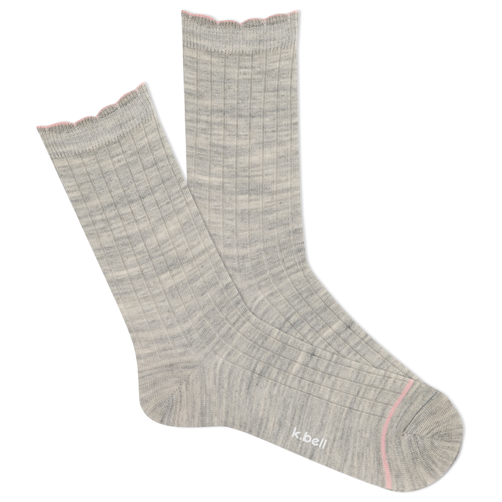 Pair of light gray socks with pink accents on a white background