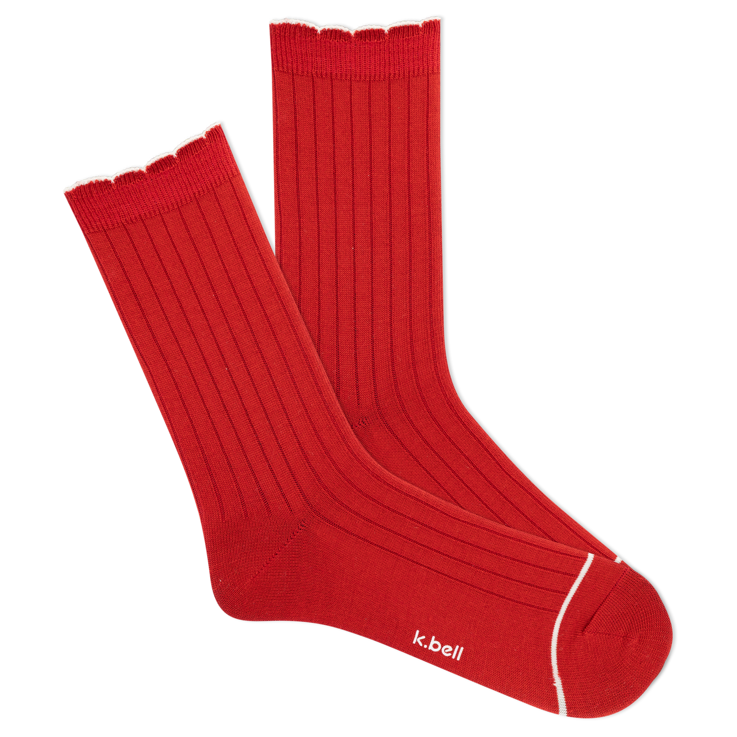 Red socks with white trim on a white background