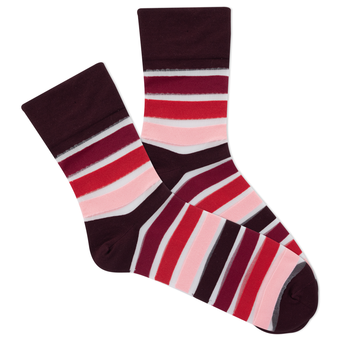 Pair of striped socks with red, pink, and white colors on a white background