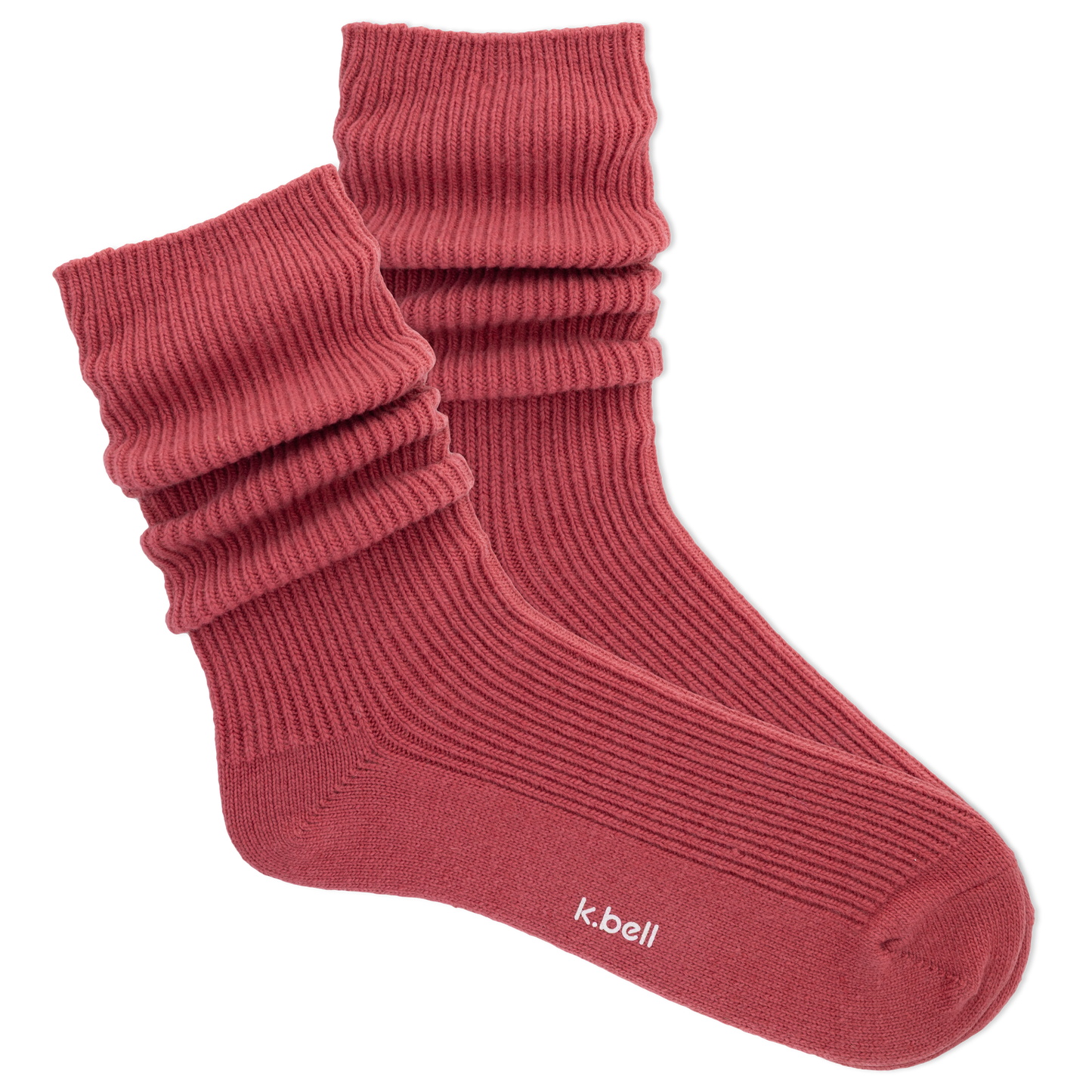 Pair of wine colored slouch socks on a white background