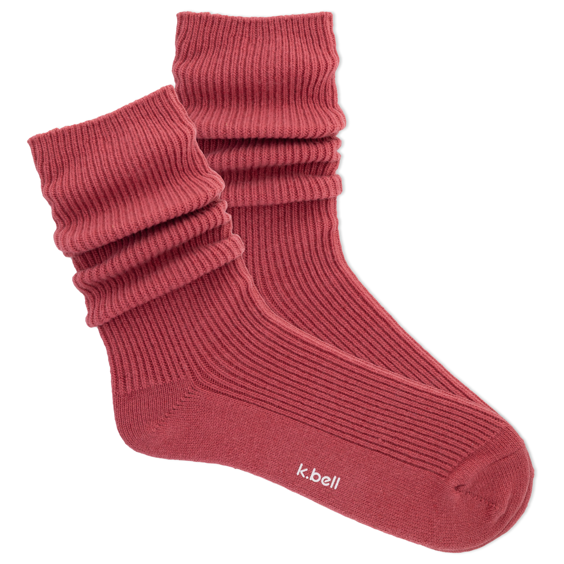 Pair of wine colored slouch socks on a white background