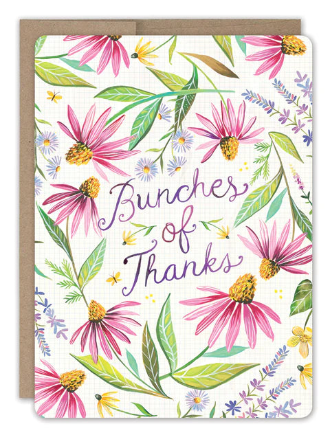 front of card has purple daisies all over, purple text listed in the description, natural envelope behind it and displayed on a white background