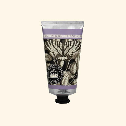 Hand cream tube with botanical design and text on a white background