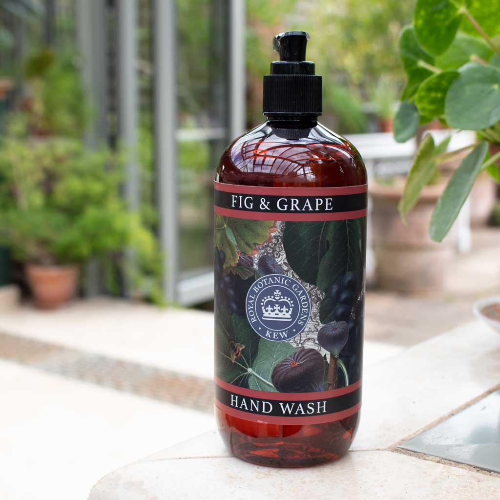  bottle of fig and grape hand wash on a decorated surface