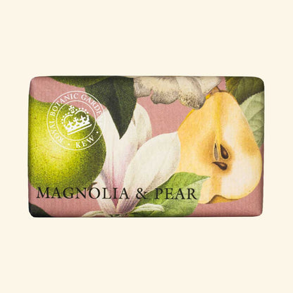 bar soap in floral and fruit printed wrapper on an ivory background