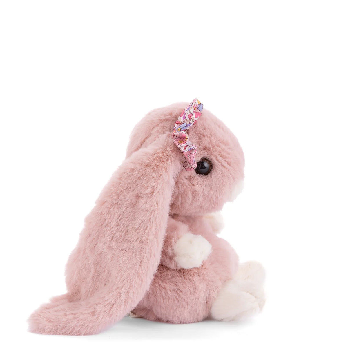 side view of pink plush bunny
