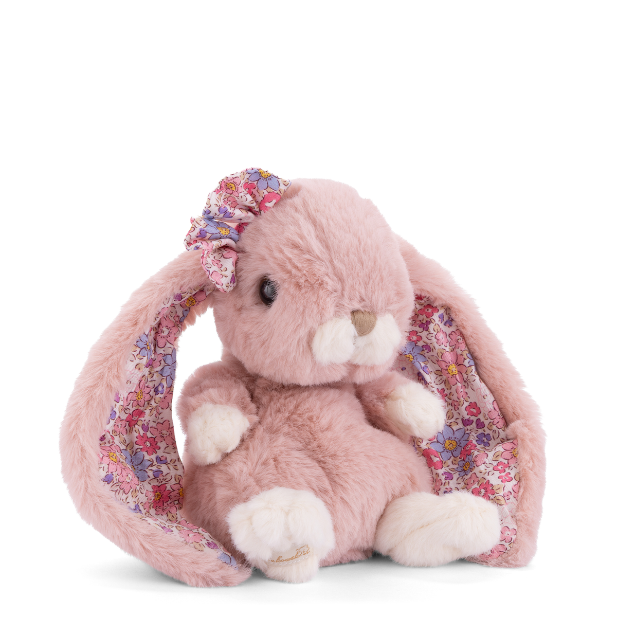 Pink plush bunny with floral bow and ears shown on a white background