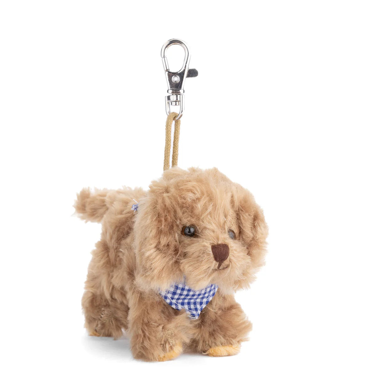 Plush dog bag charm with a blue checkered bandana around its neck on a white background
