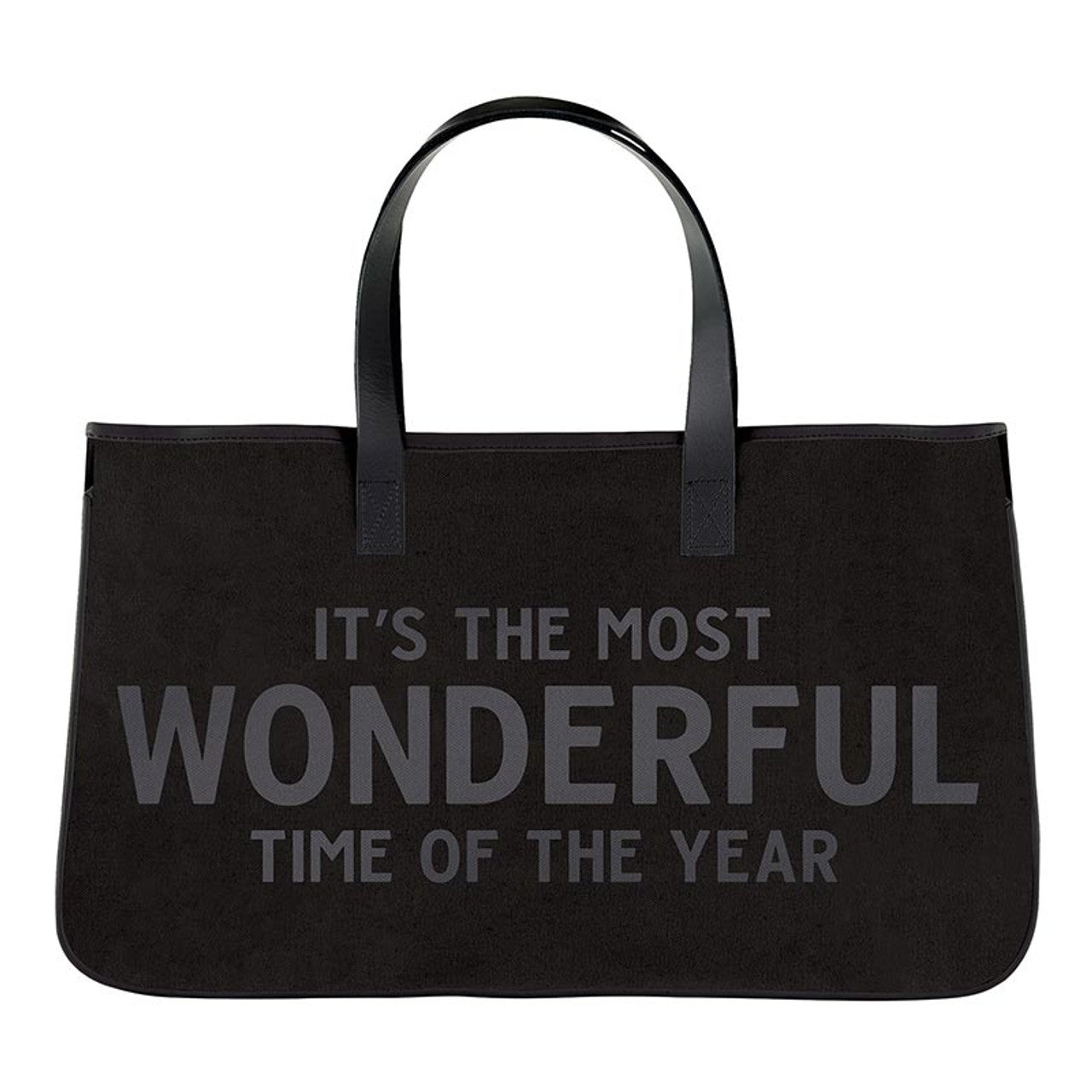 Black tote bag with text 'It's the most wonderful time of the year' printed on it in black