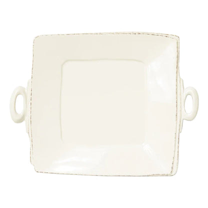Vietri Lastra Linen colored square platter with handles on a white background