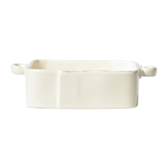 Vietri Lastra Linen colored square baker with handles on a white background